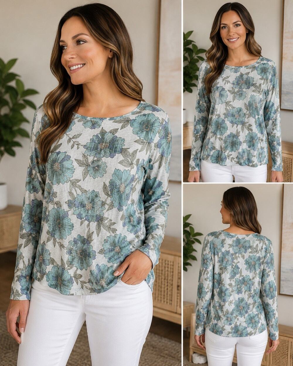 J. Jill Floral Long Sleeve Knit Top Large Blue Green Boat Neck